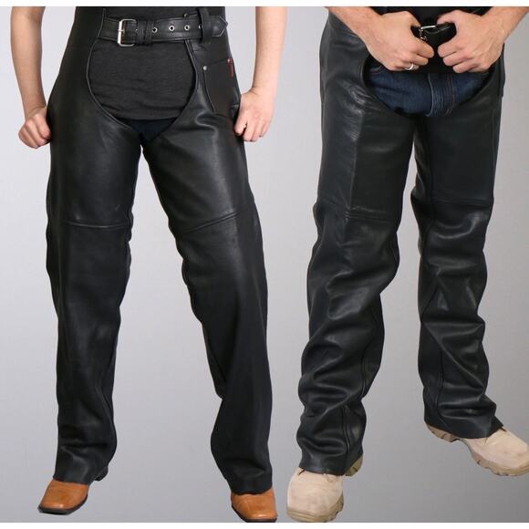 NWT Hot Leathers CHM1005 Fully Lined Motorcycle Unisex Black Leather Biker Chaps - Picture 1 of 11